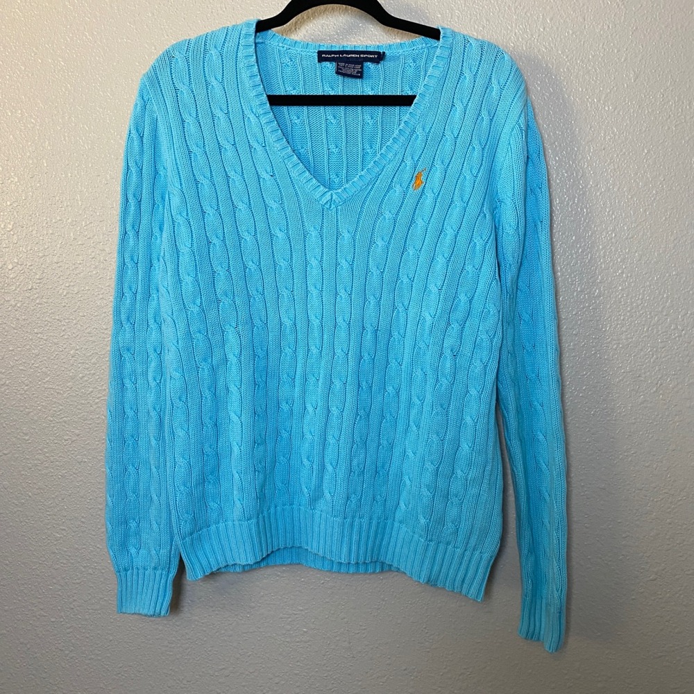 100% Cotton Ralph Lauren Sport Cable Knit Sweater Large Blue Orange Pony V Neck